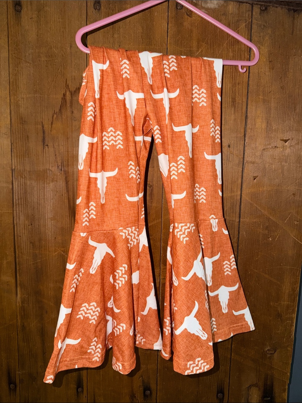 Kids Orange Bell Bottom Pants with White Longhorn Print